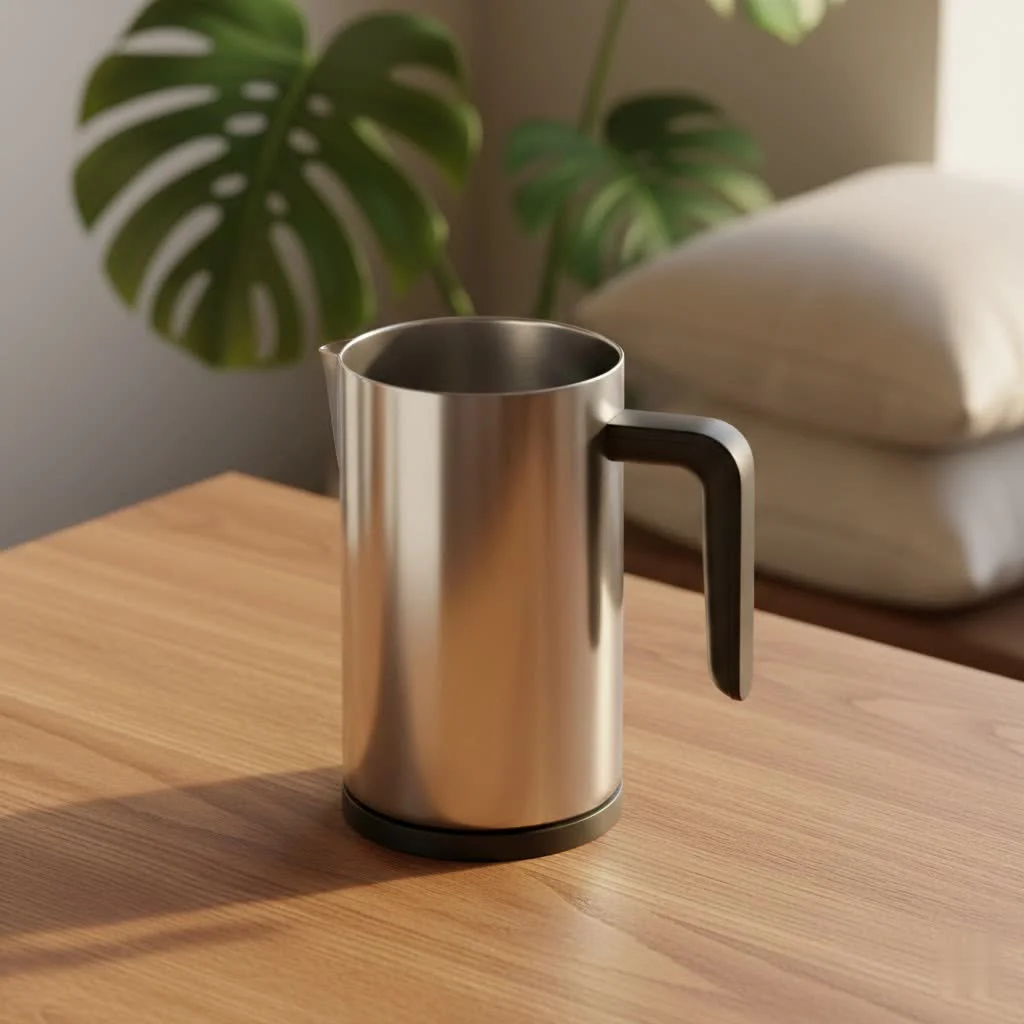 Milk frother machine creating creamy foam for coffee